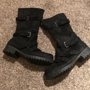 Size 8 Black faux suede mid calf combat Moto boots